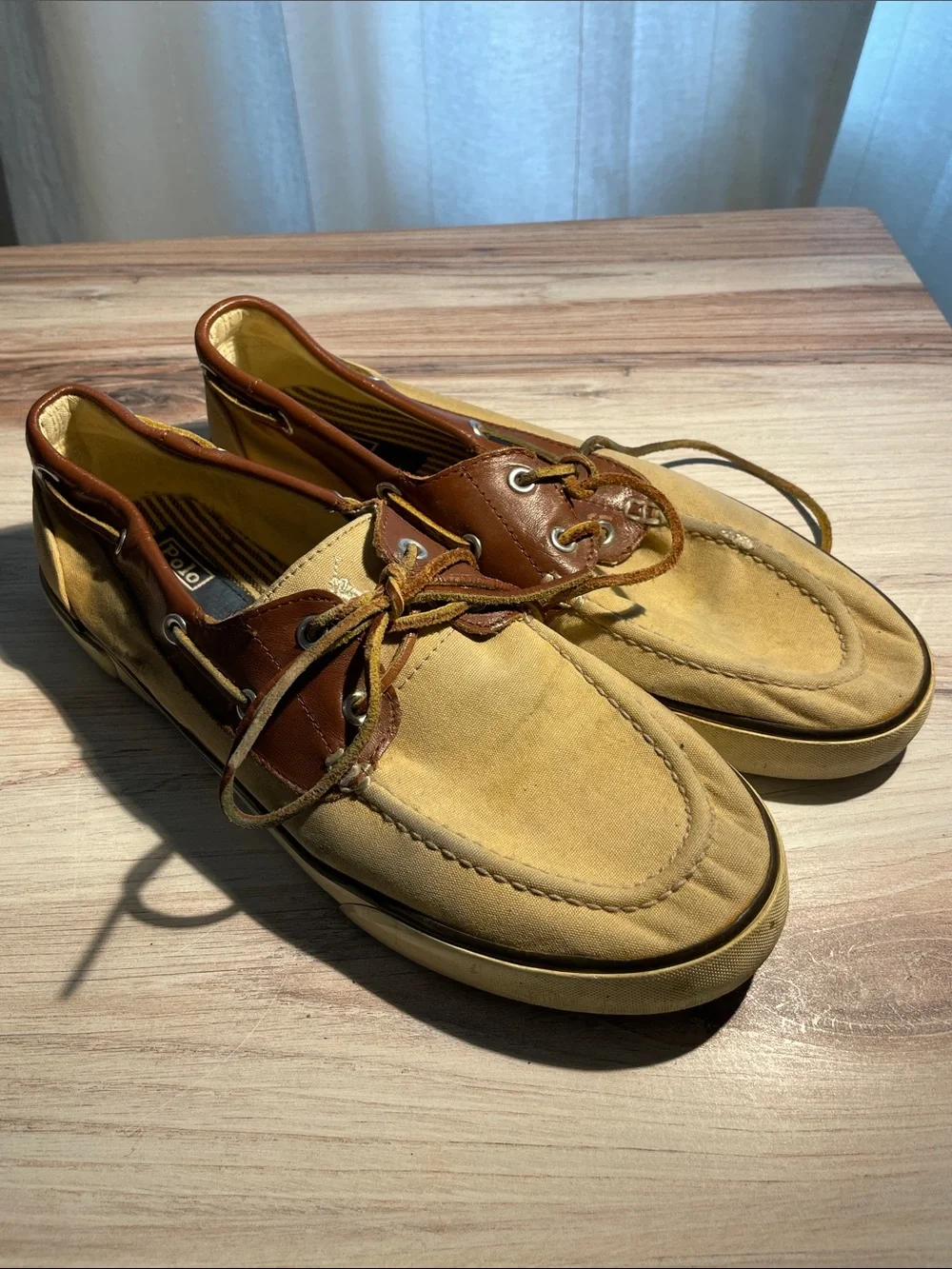 Polo by Ralph Lauren Tan Canvas with Brown Leather Trim Boat Shoes